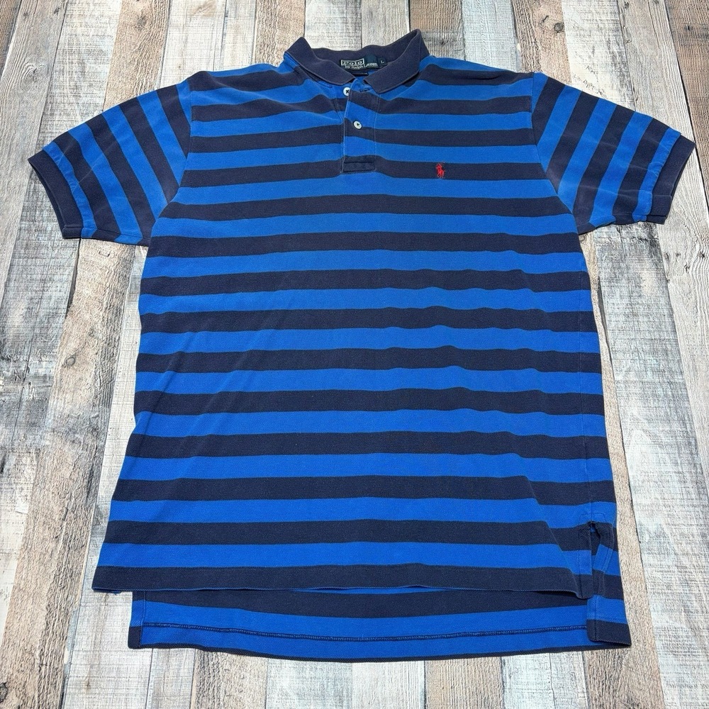 Vintage Polo Ralph Lauren Polo‎ Shirt Men's Large Blue Striped Pony Logo Classic